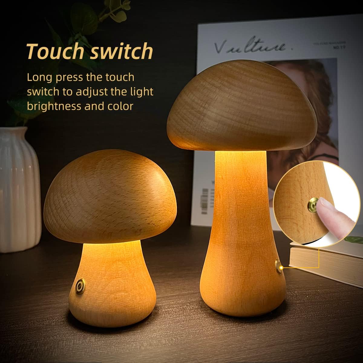 INS Wooden Mushroom LED Night Light – Touch Switch Bedside Lamp for Kids & Home