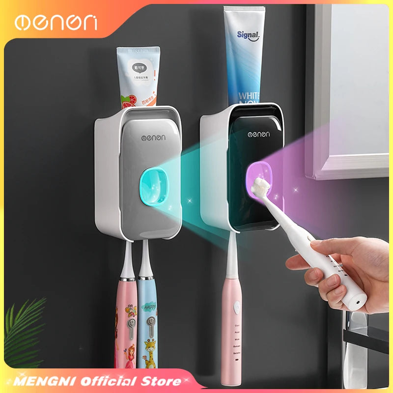 MENGNI Automatic Toothpaste Dispenser with Wall-Mount Toothbrush Holder